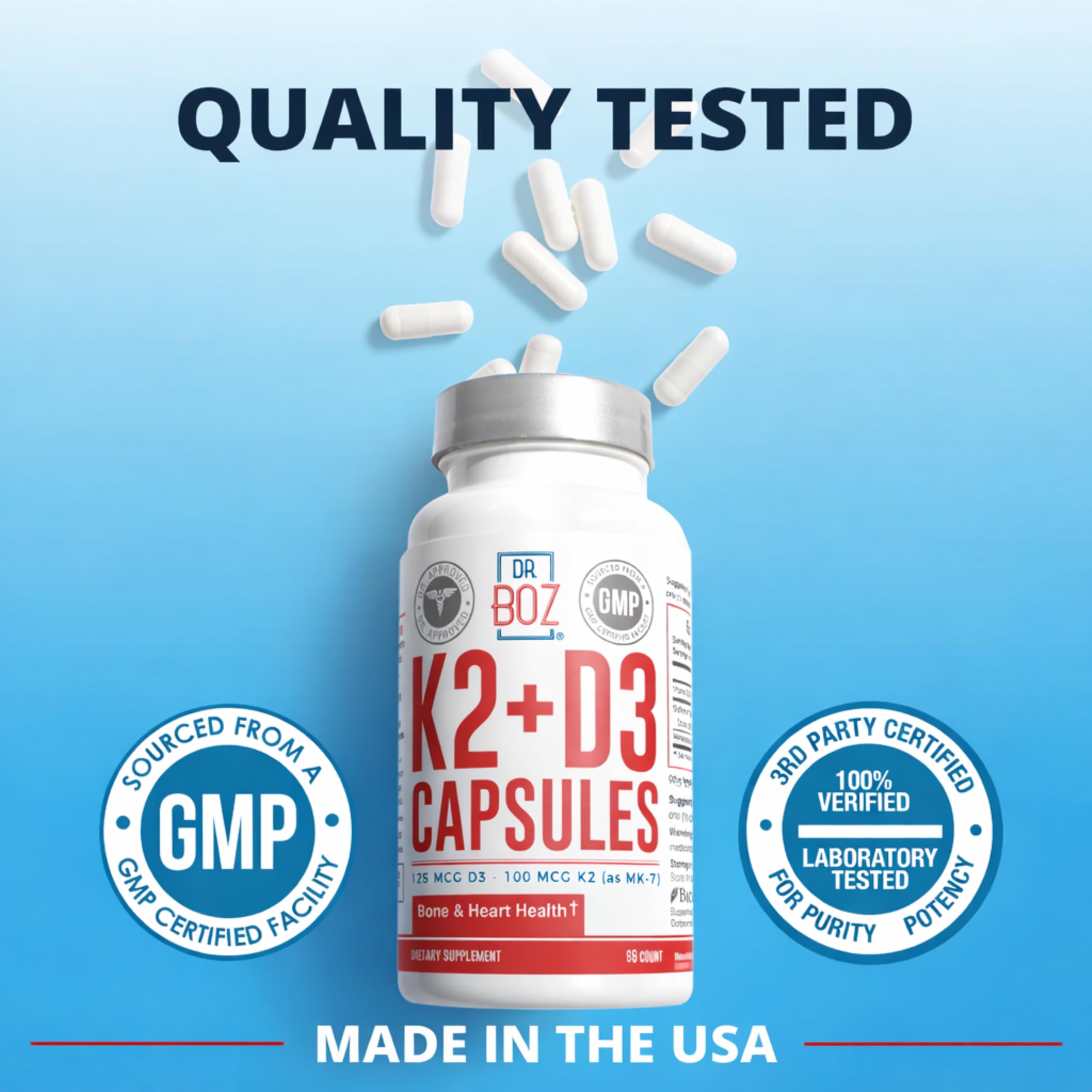 Dr. Boz K2D3 capsule bottle close-up on BioPerine and ingredients