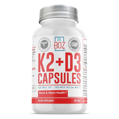 Dr. Boz K2D3 capsules bottle front view highlighting the vitamin duo for bone support