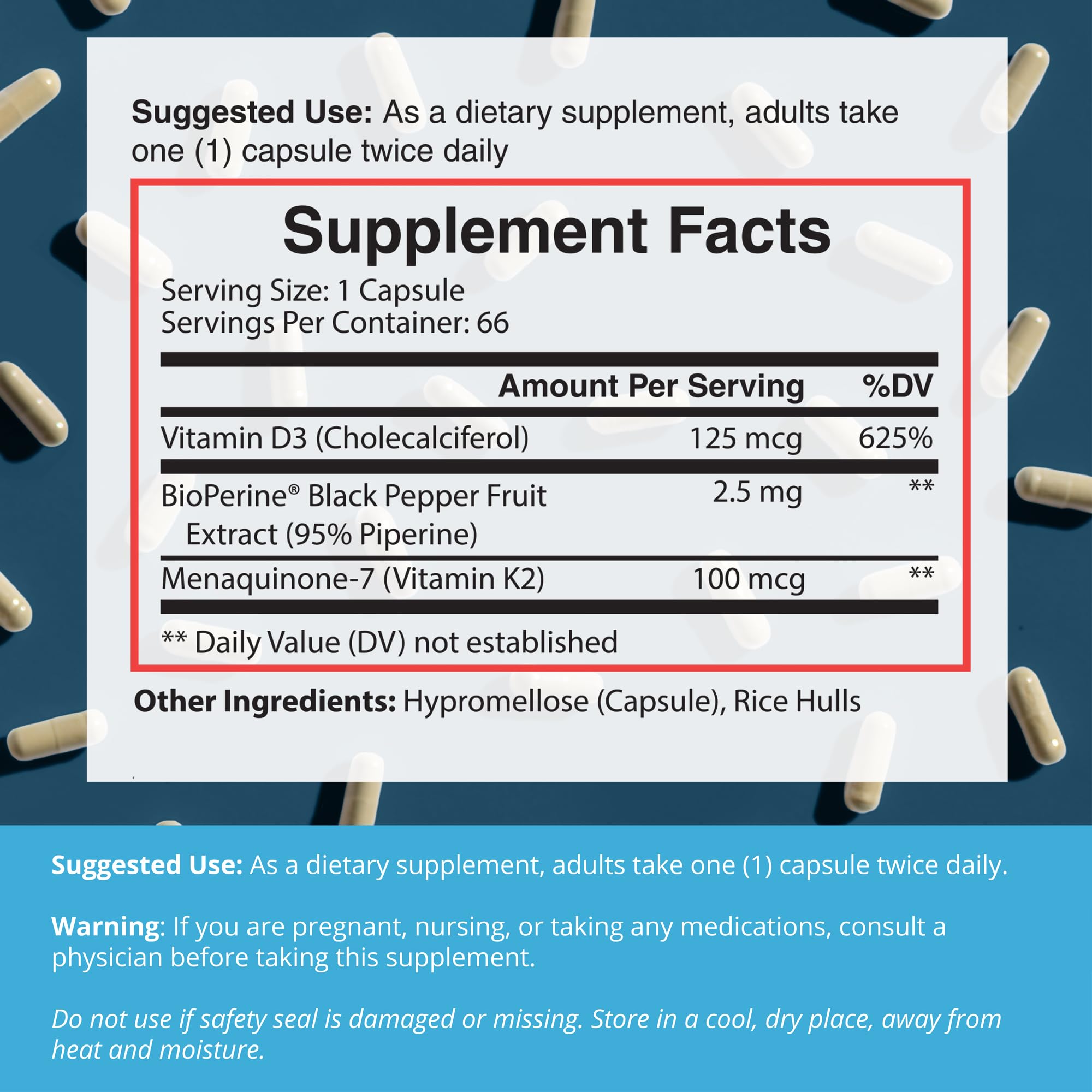 Dr. Boz K2D3 packaging with serving information and ingredients