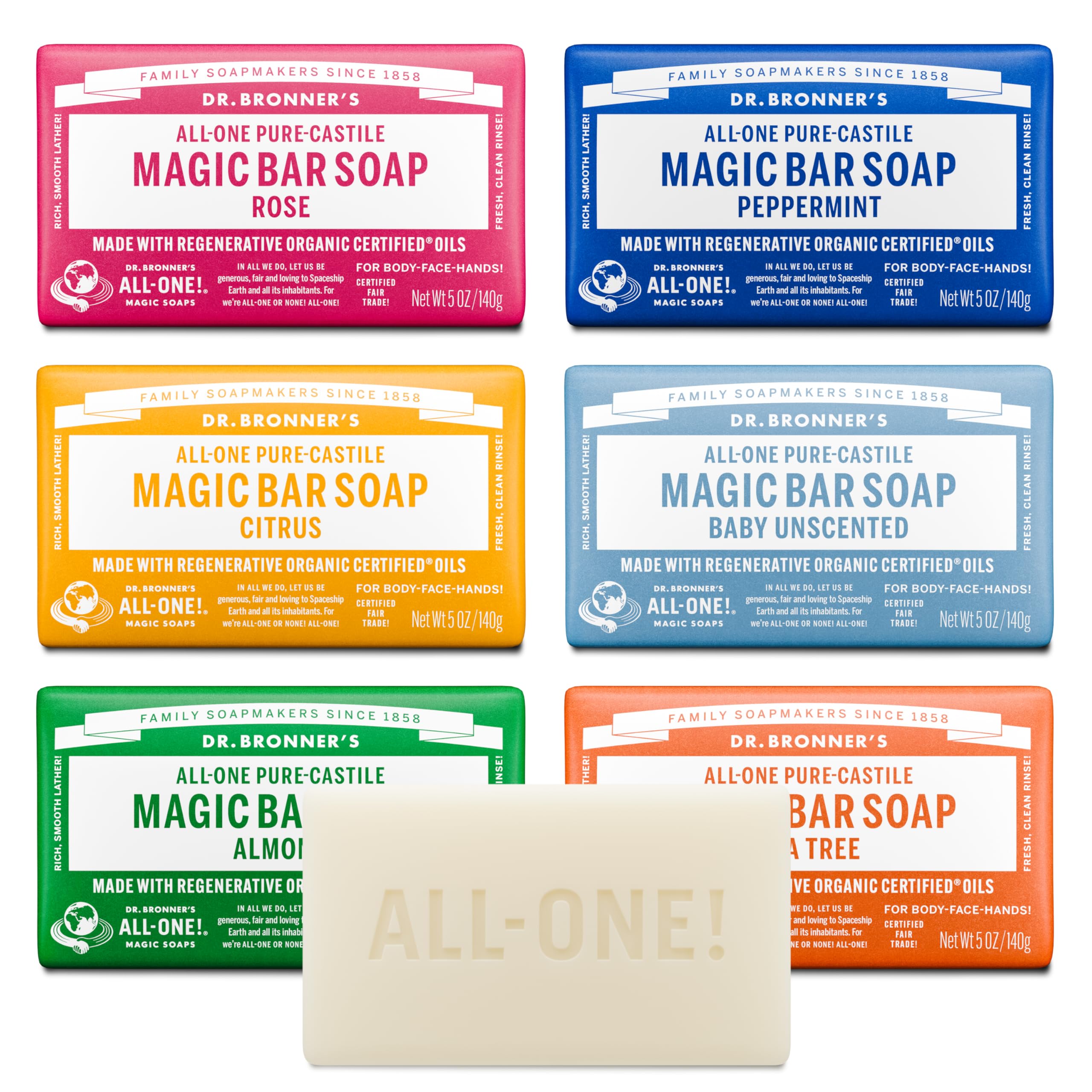 Dr Bronner's Almond Pure-Castile Bar 5oz for rich lather on face and body