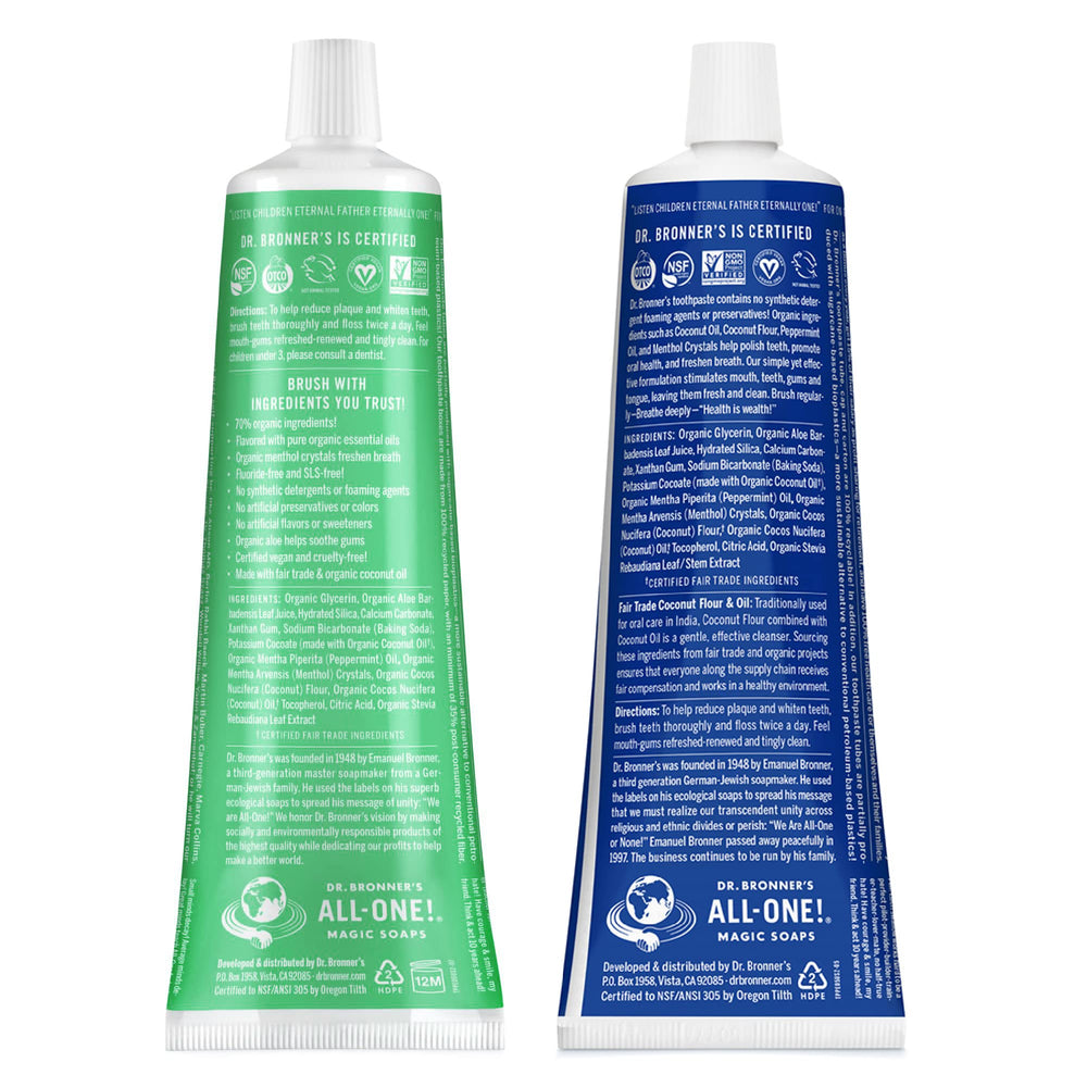 Packaging box highlights organic and fair trade ingredients in Dr. Bronner’s toothpaste.