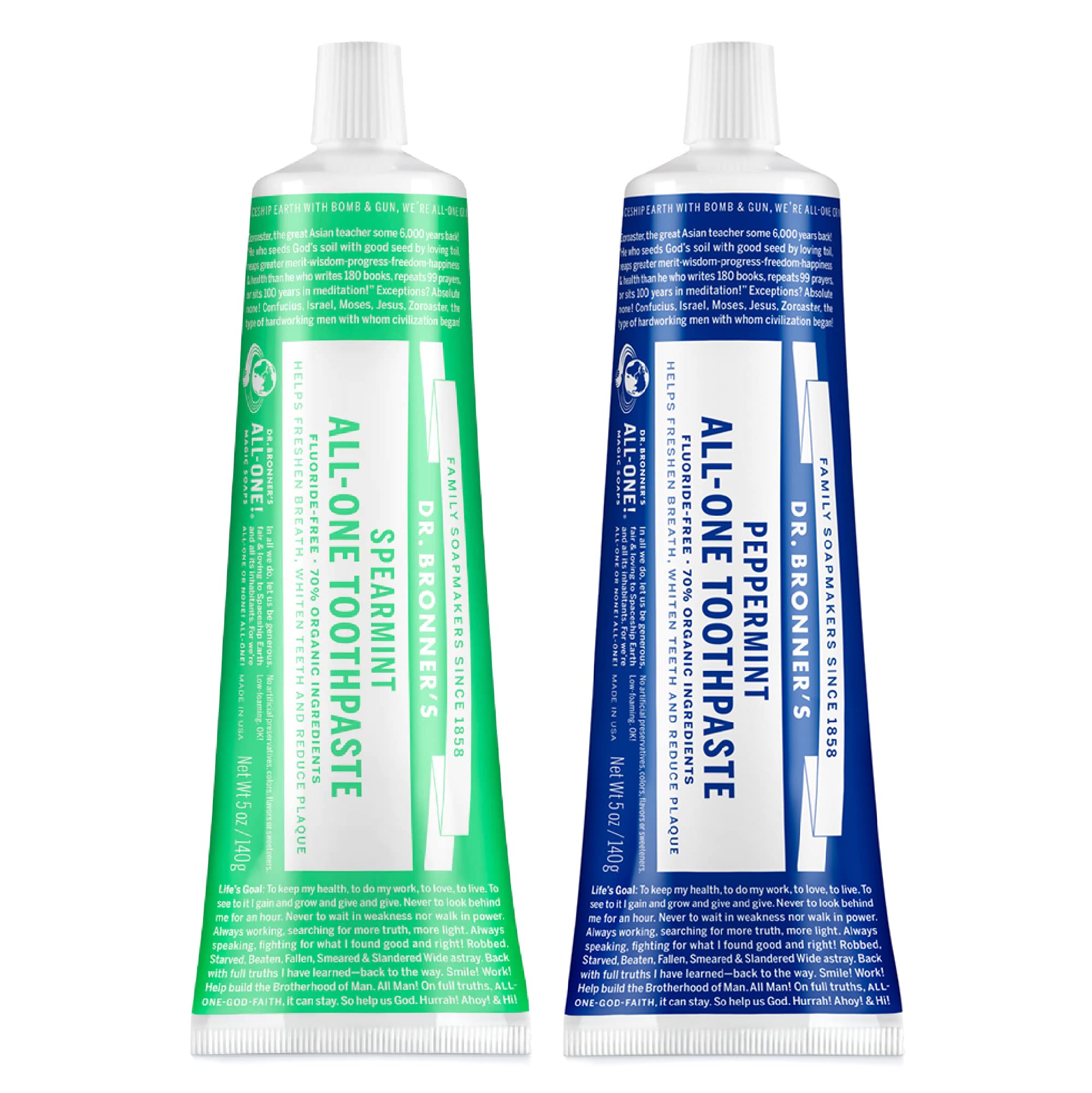 Dr. Bronner’s All-One toothpaste peppermint-spearmint tubes in a 2-pack for daily brushing.