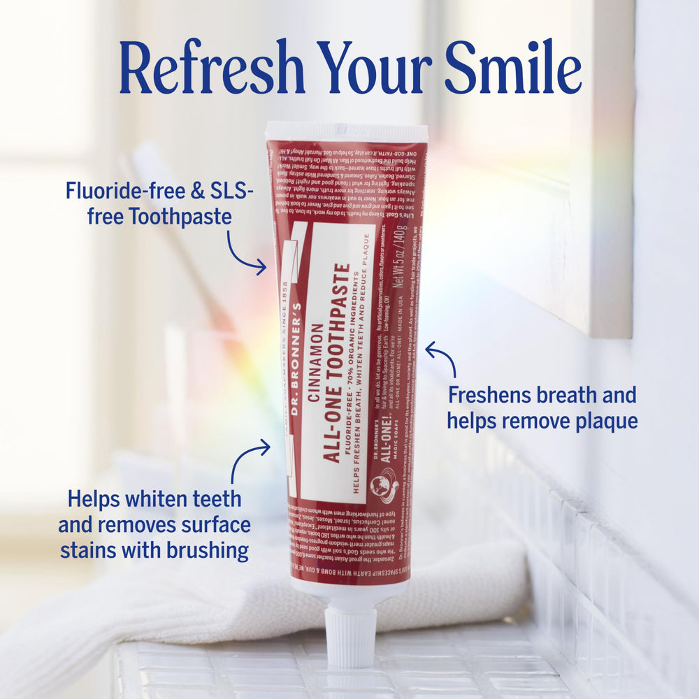 Dr. Bronner's All-One Cinnamon toothpaste packaging shows organic ingredients.