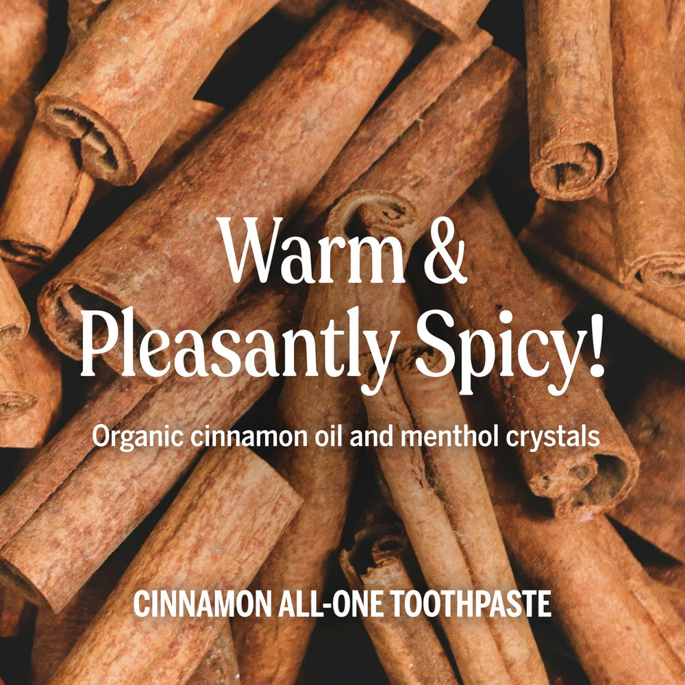 Dr. Bronner's All-One Cinnamon toothpaste label shows vegan and cruelty-free credentials.