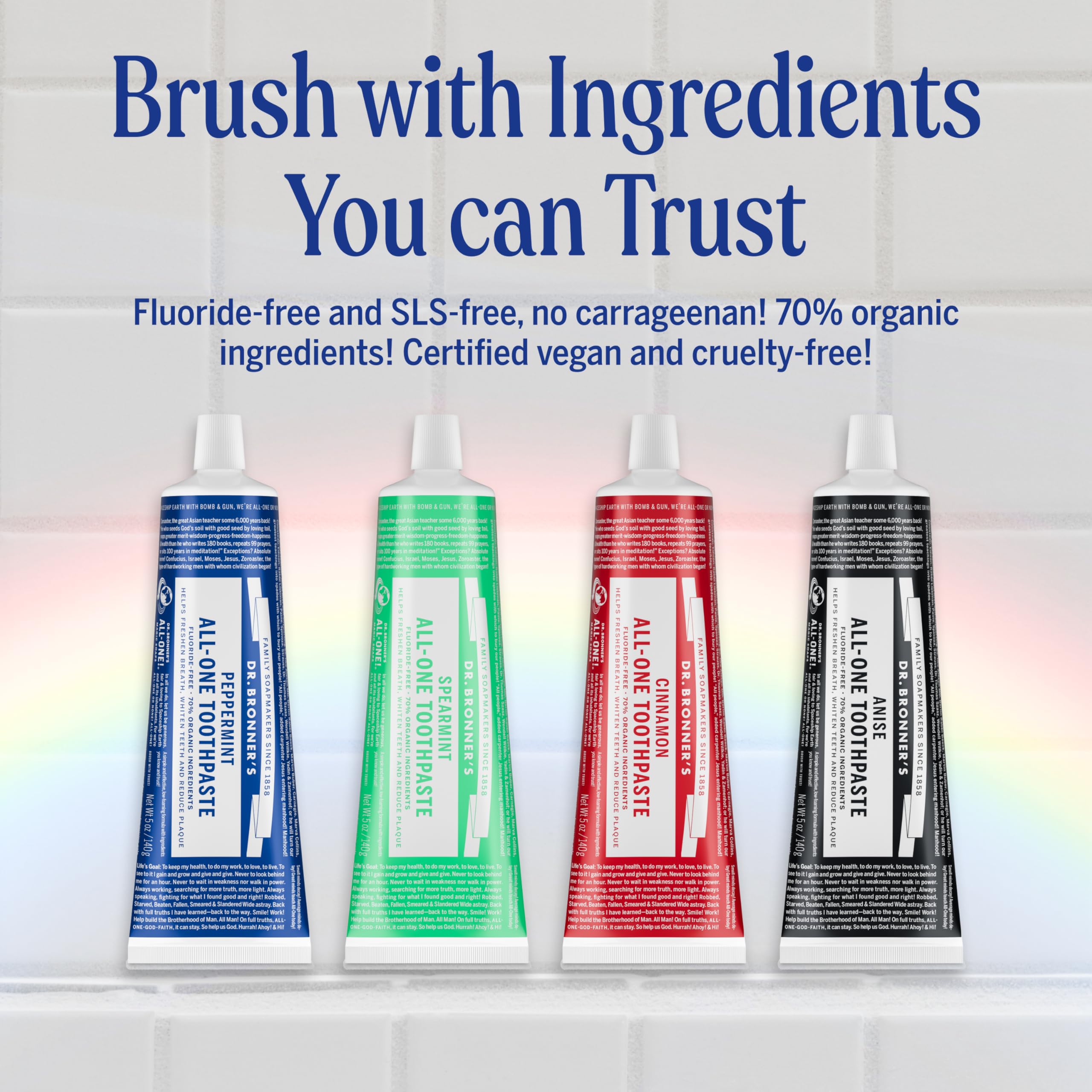 Label on Dr. Bronner's toothpaste highlighting SLS-free and fluoride-free attributes.