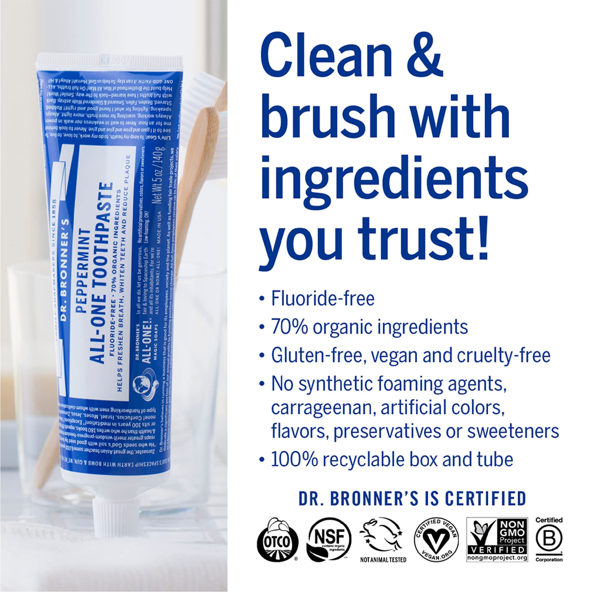 Organic essential oils provide naturally fresh peppermint and spearmint flavor in the toothpaste.