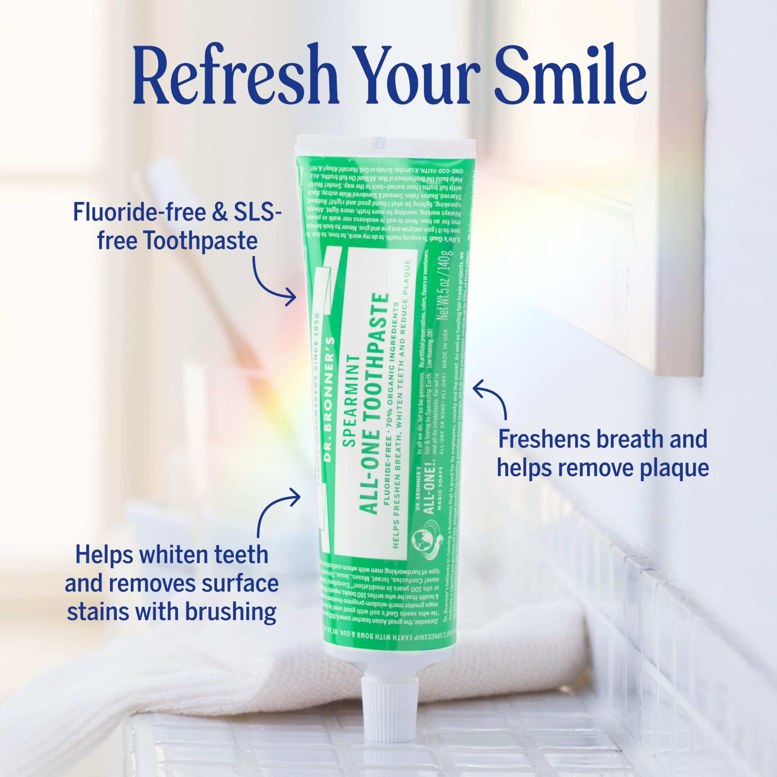 Dr. Bronner's All-One Spearmint toothpaste 5oz with a mild, low-foam formula for daily use.