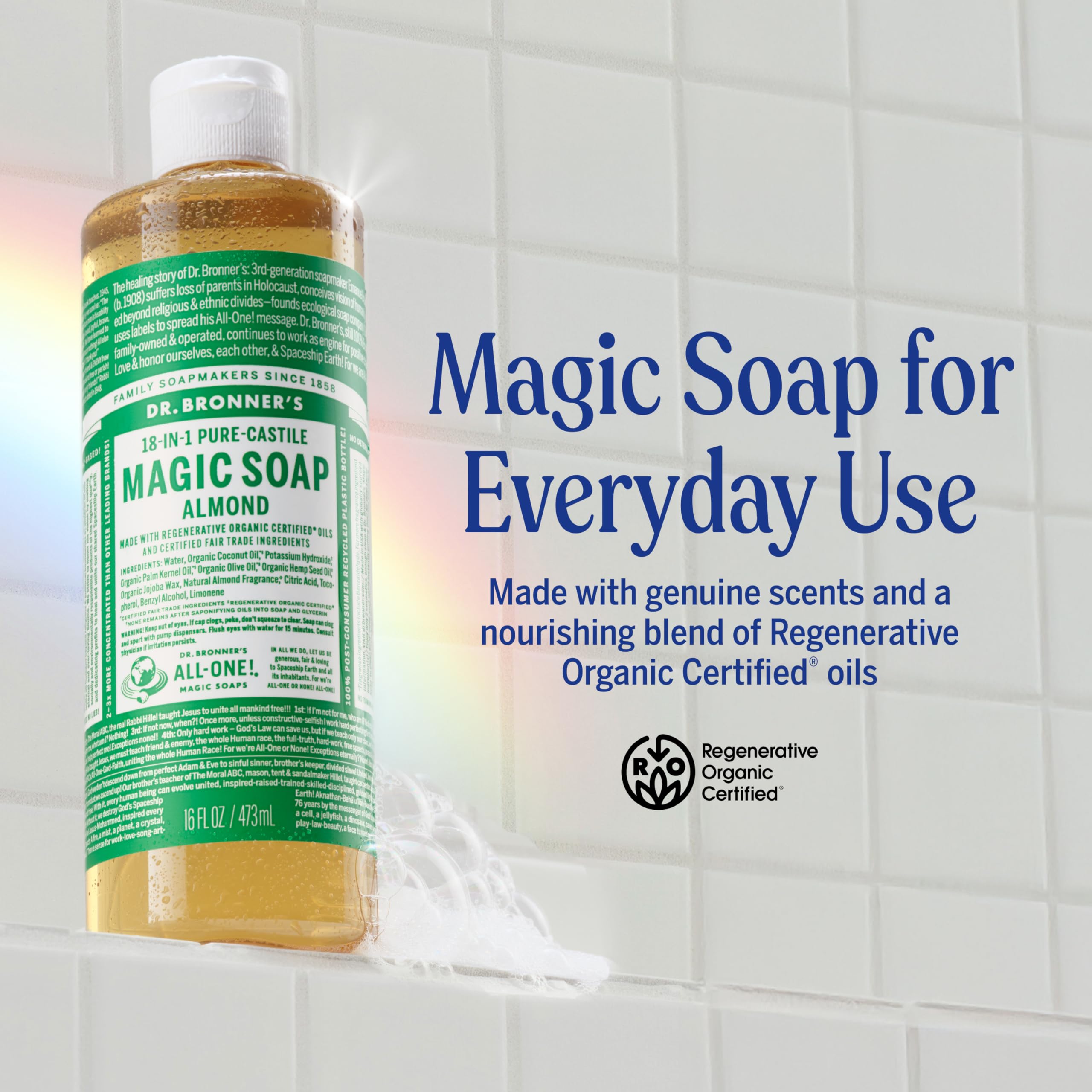 Dr. Bronner's Almond Castile ingredients display organic oils and fair trade sourcing for a gentle wash.