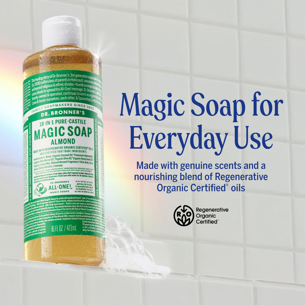 Dr. Bronner's Almond Castile ingredients display organic oils and fair trade sourcing for a gentle wash.