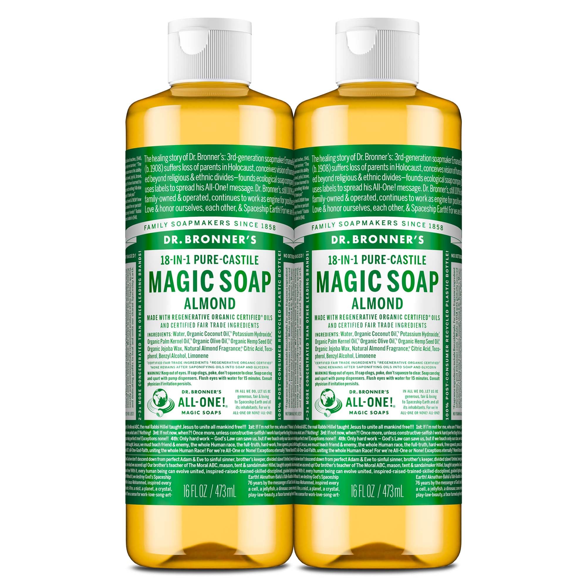 Dr. Bronner's Almond Castile soap bottle shows versatile all-in-one cleaning use.