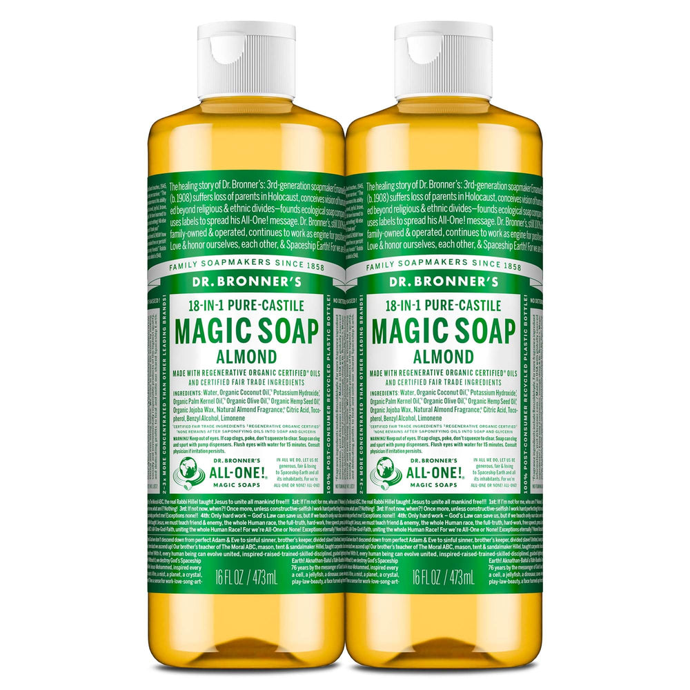 Dr. Bronner's Almond Castile soap bottle shows versatile all-in-one cleaning use.