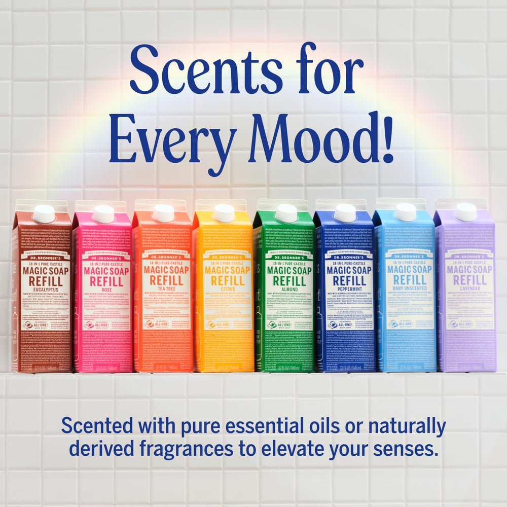 Dr. Bronner's almond castile soap creates rich lather for face and body.