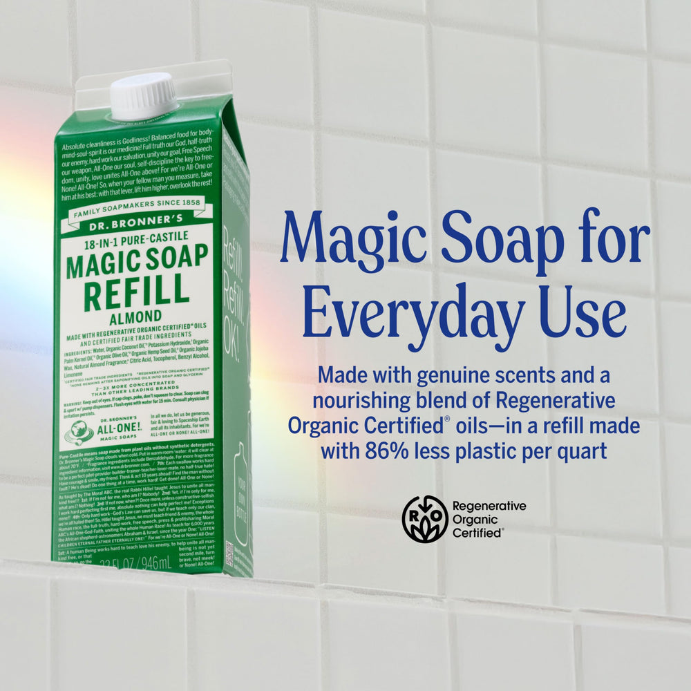 Dr. Bronner's almond liquid soap pour captures rich lather for face and body.