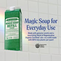 Dr. Bronner's almond liquid soap pour captures rich lather for face and body.