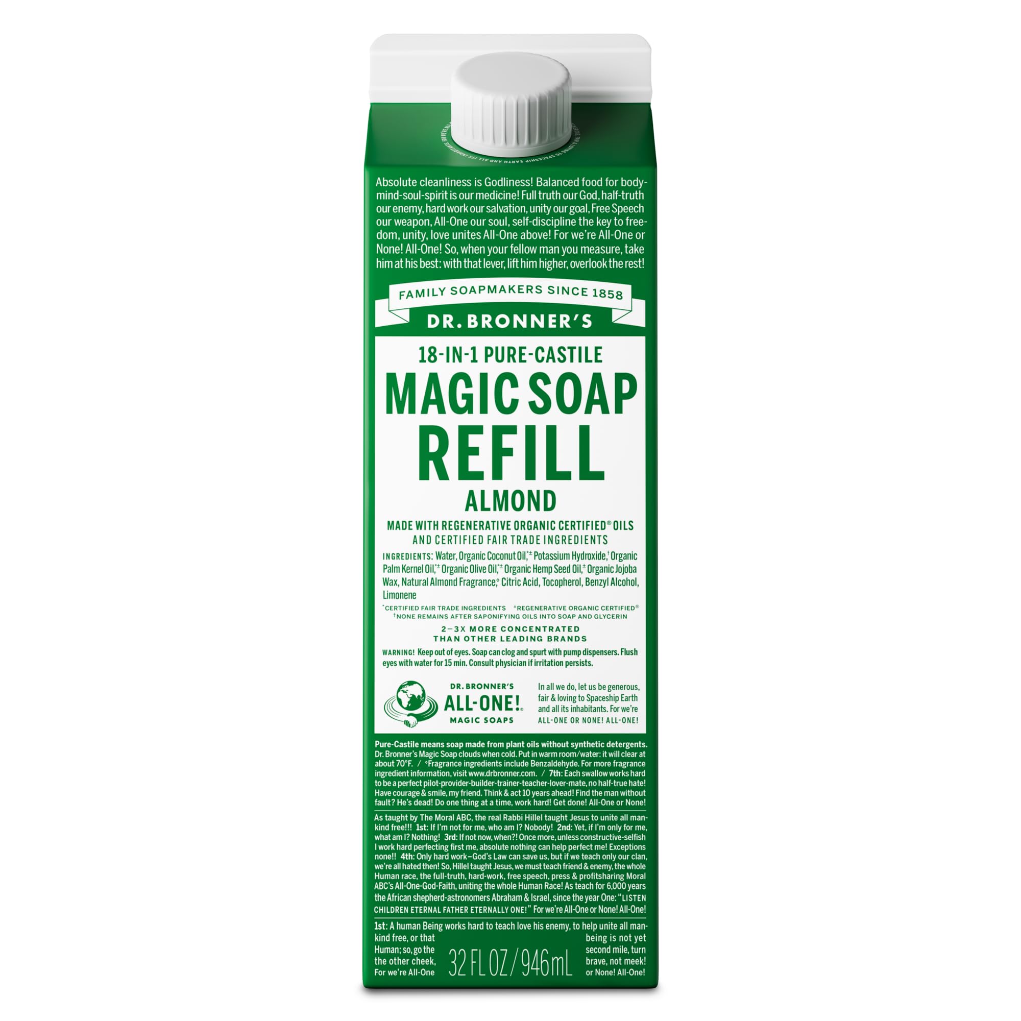 Dr. Bronner's almond pure-castile refill bottle offers versatile cleansing power with reduced plastic.