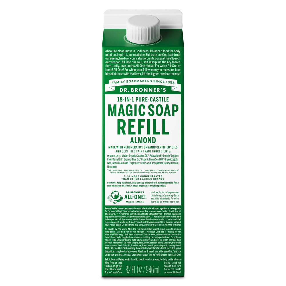 Dr. Bronner's almond pure-castile refill bottle offers versatile cleansing power with reduced plastic.
