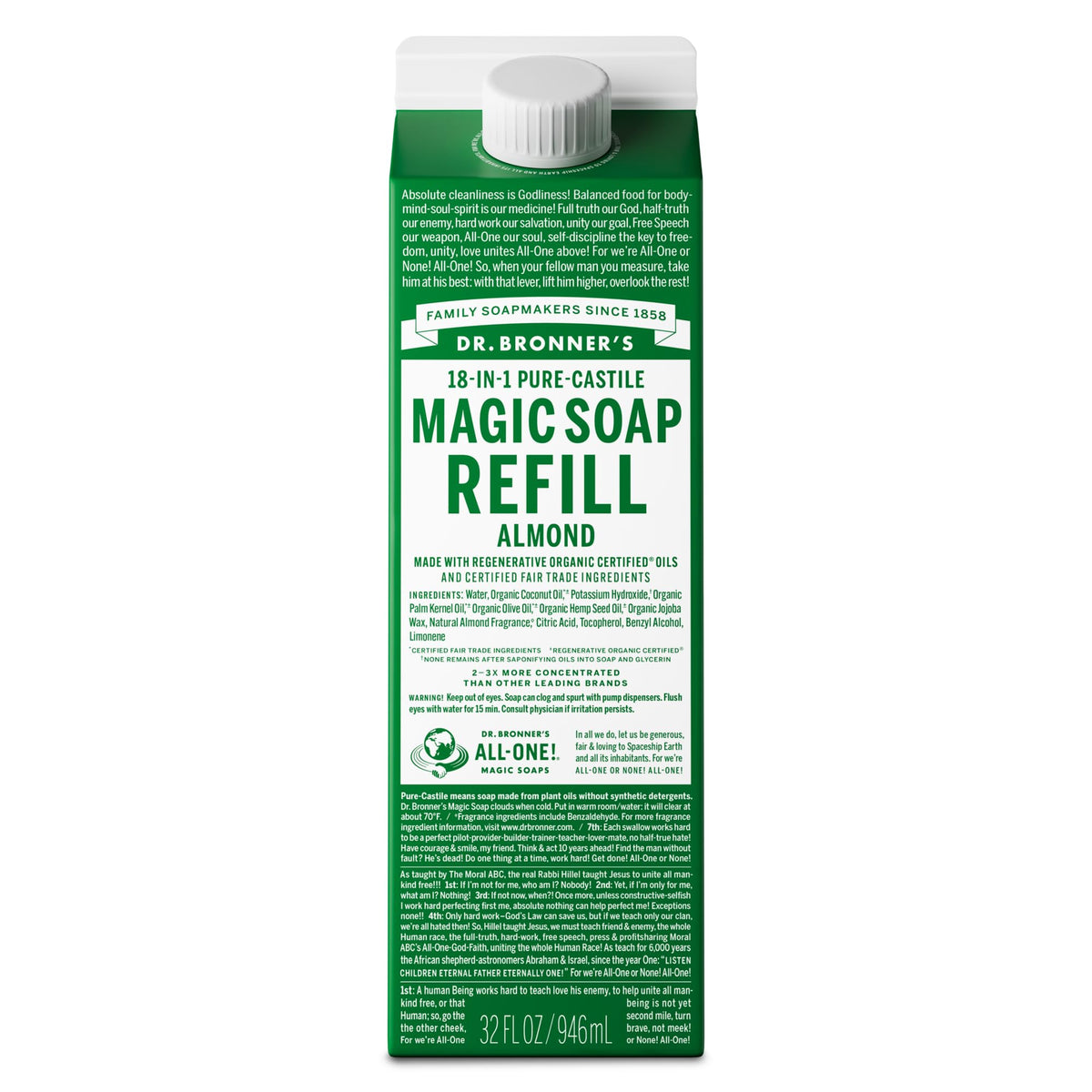Dr. Bronner's almond pure-castile refill bottle offers versatile cleansing power with reduced plastic.
