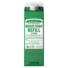 Dr. Bronner's almond pure-castile refill bottle offers versatile cleansing power with reduced plastic.