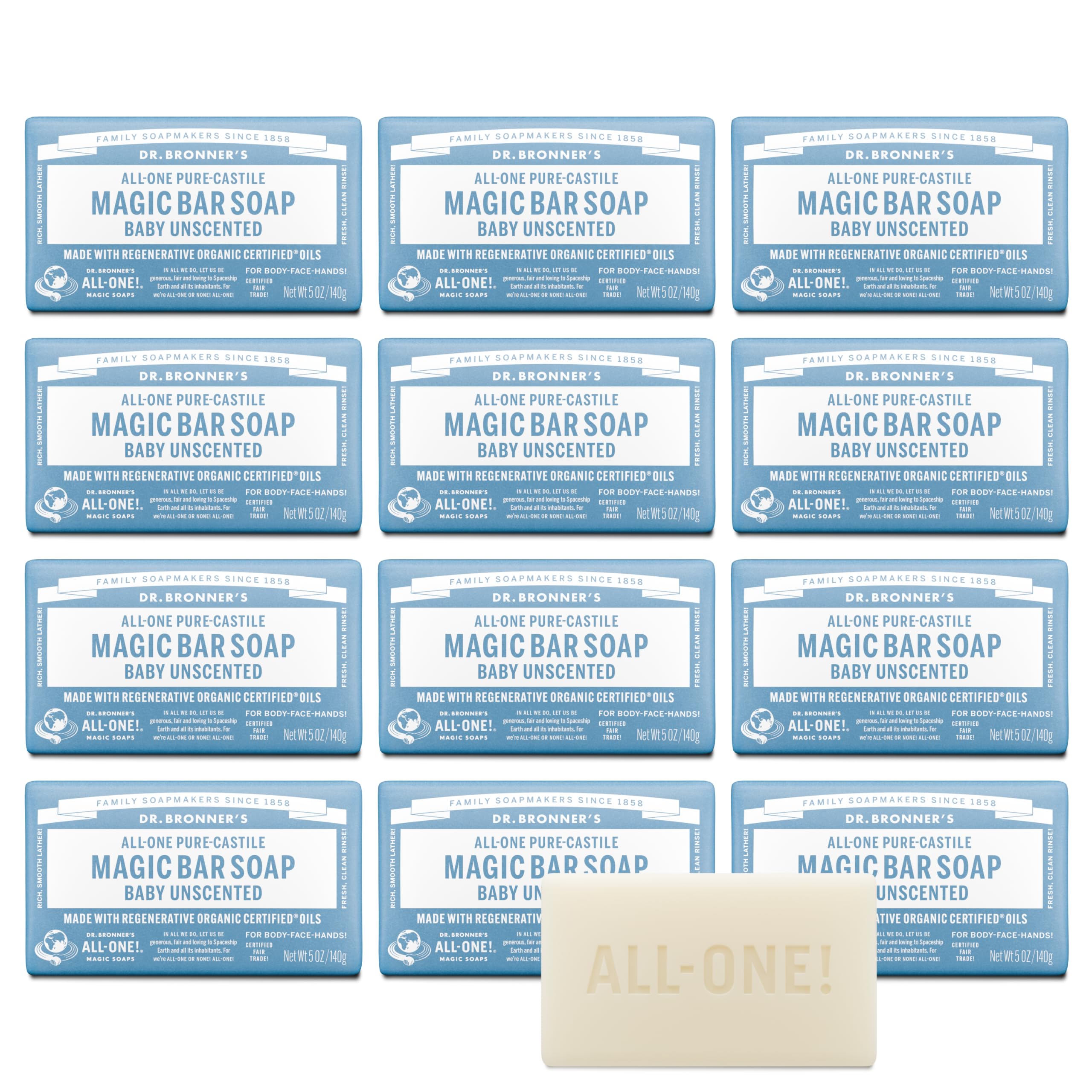 Dr. Bronner's Baby Unscented bar soap close-up showing rich lather for gentle cleansing.