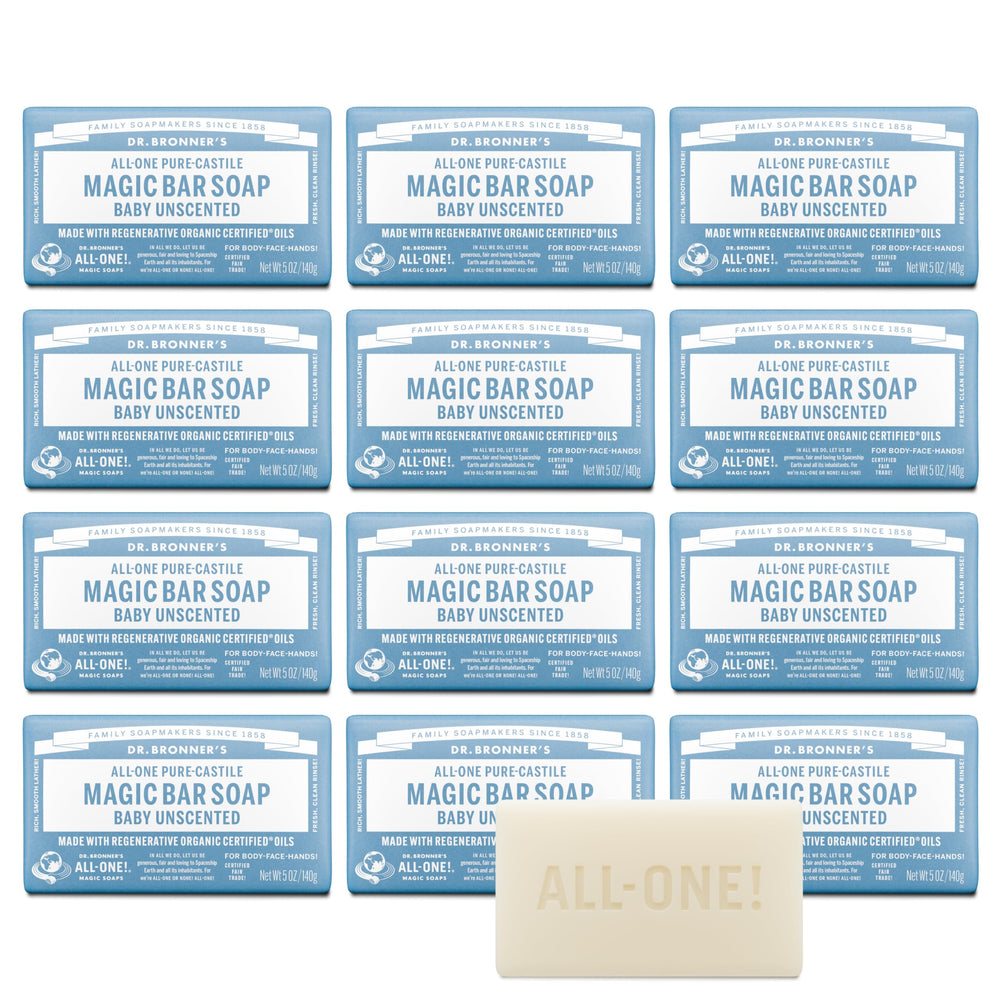 Dr. Bronner's Baby Unscented bar soap close-up showing rich lather for gentle cleansing.