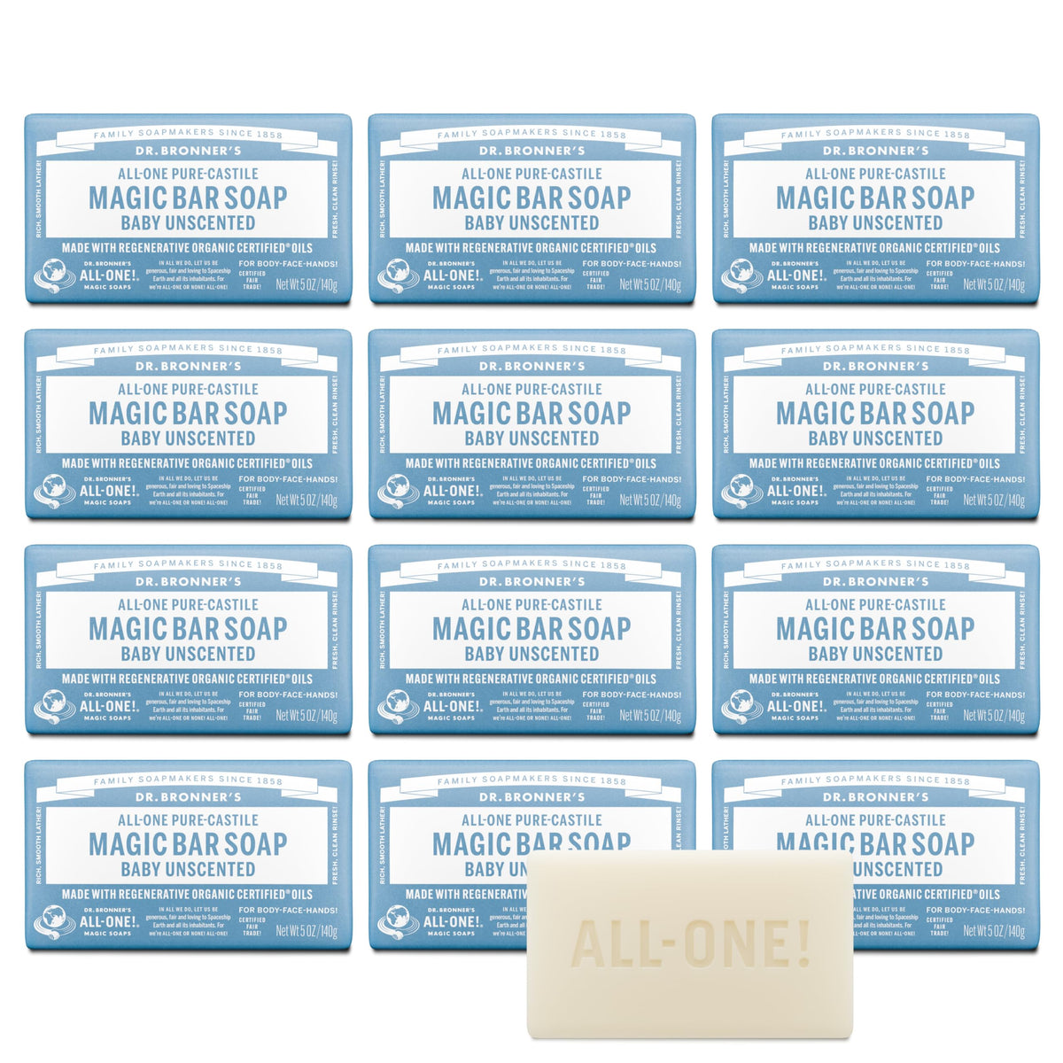 Dr. Bronner's Baby Unscented bar soap close-up showing rich lather for gentle cleansing.