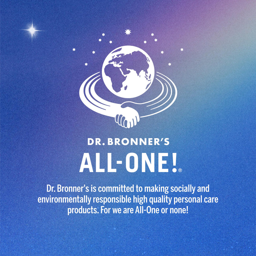 Dr. Bronner's fair trade ingredients emphasize ethical sourcing for a gentle wash.