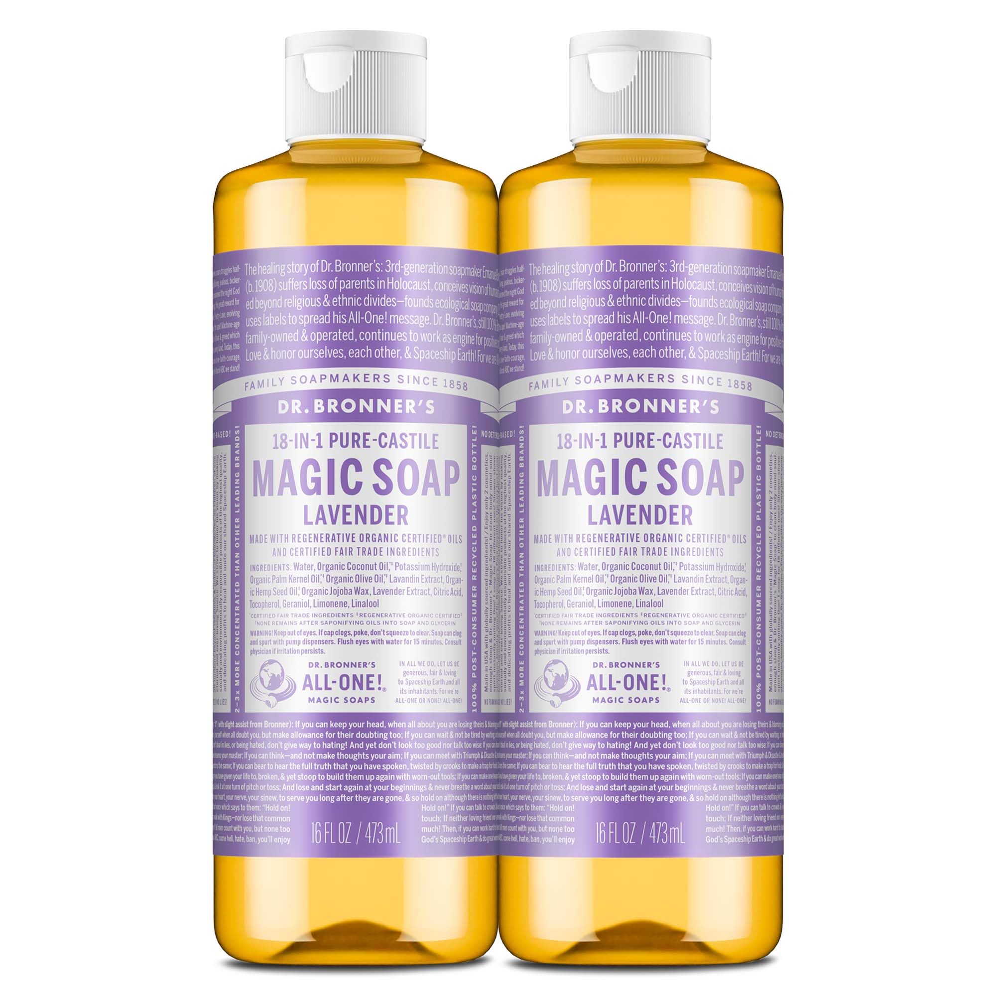 Dr. Bronner’s Lavender Castile bottle showing gentle cleansing for skin and hair.