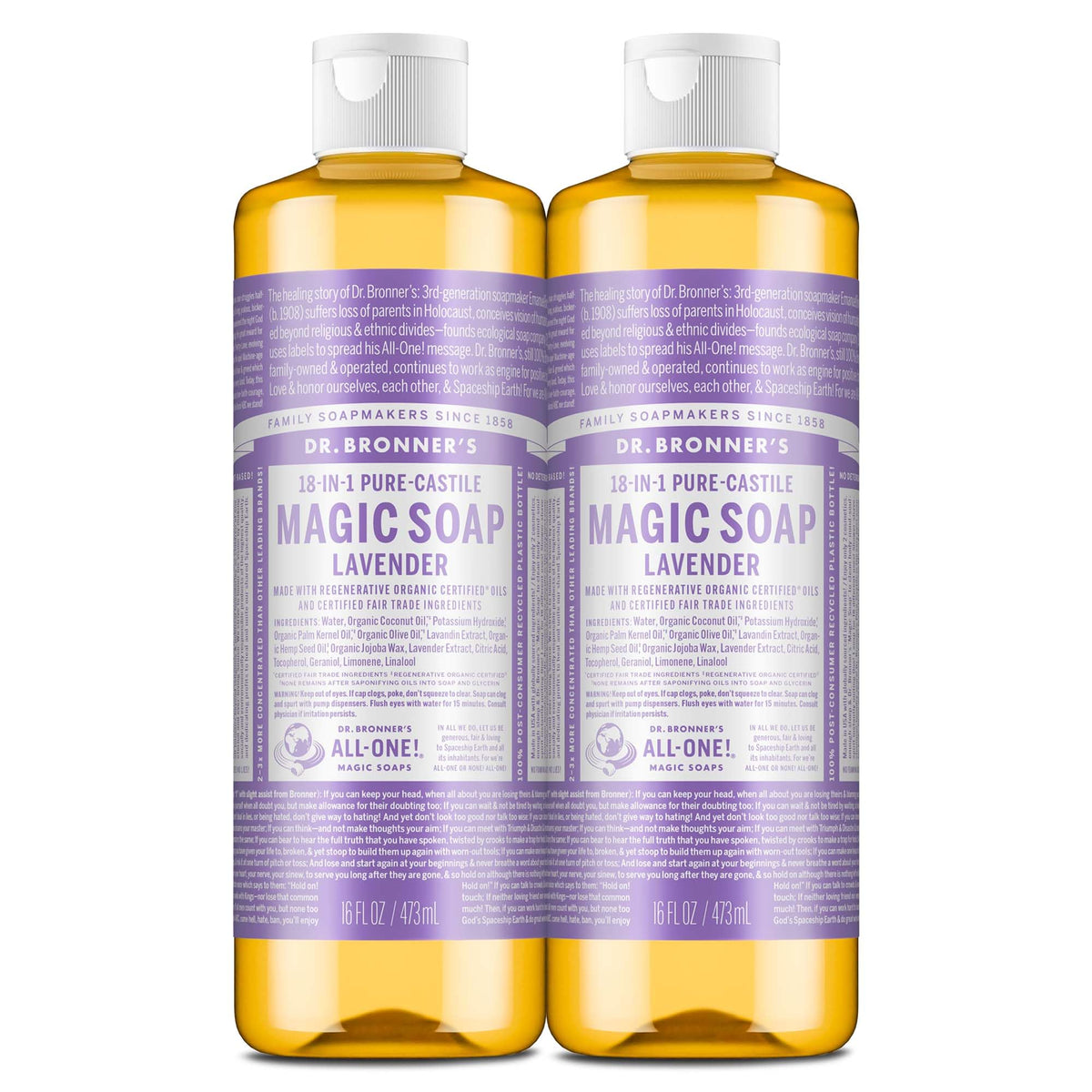 Dr. Bronner’s Lavender Castile bottle showing gentle cleansing for skin and hair.