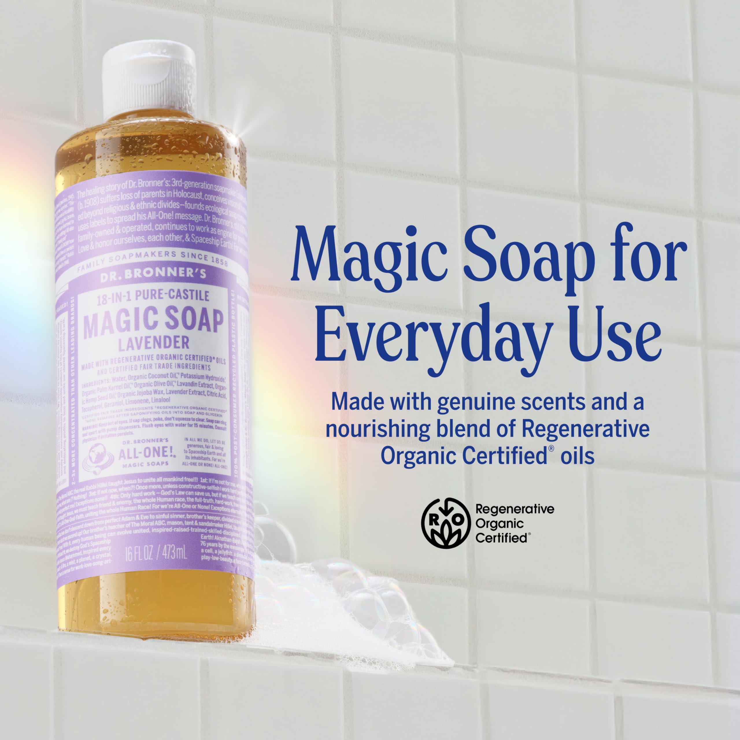 Dr. Bronner’s Lavender Castile pour demonstrating versatile use for dilutions.