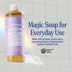 Dr. Bronner’s Lavender Castile pour demonstrating versatile use for dilutions.