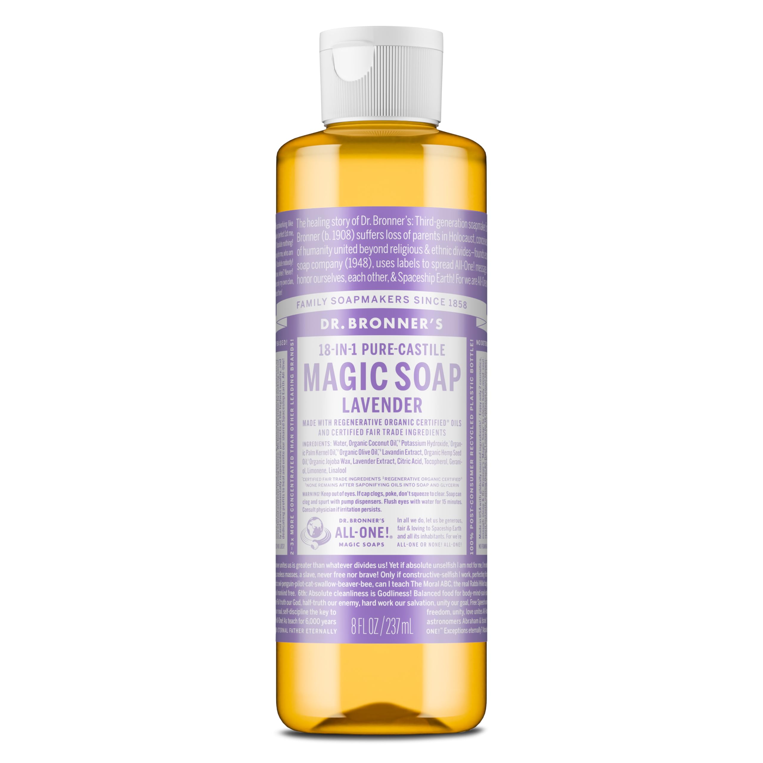 Dr. Bronner's Lavender liquid soap bottle displaying rich lather for skin care.