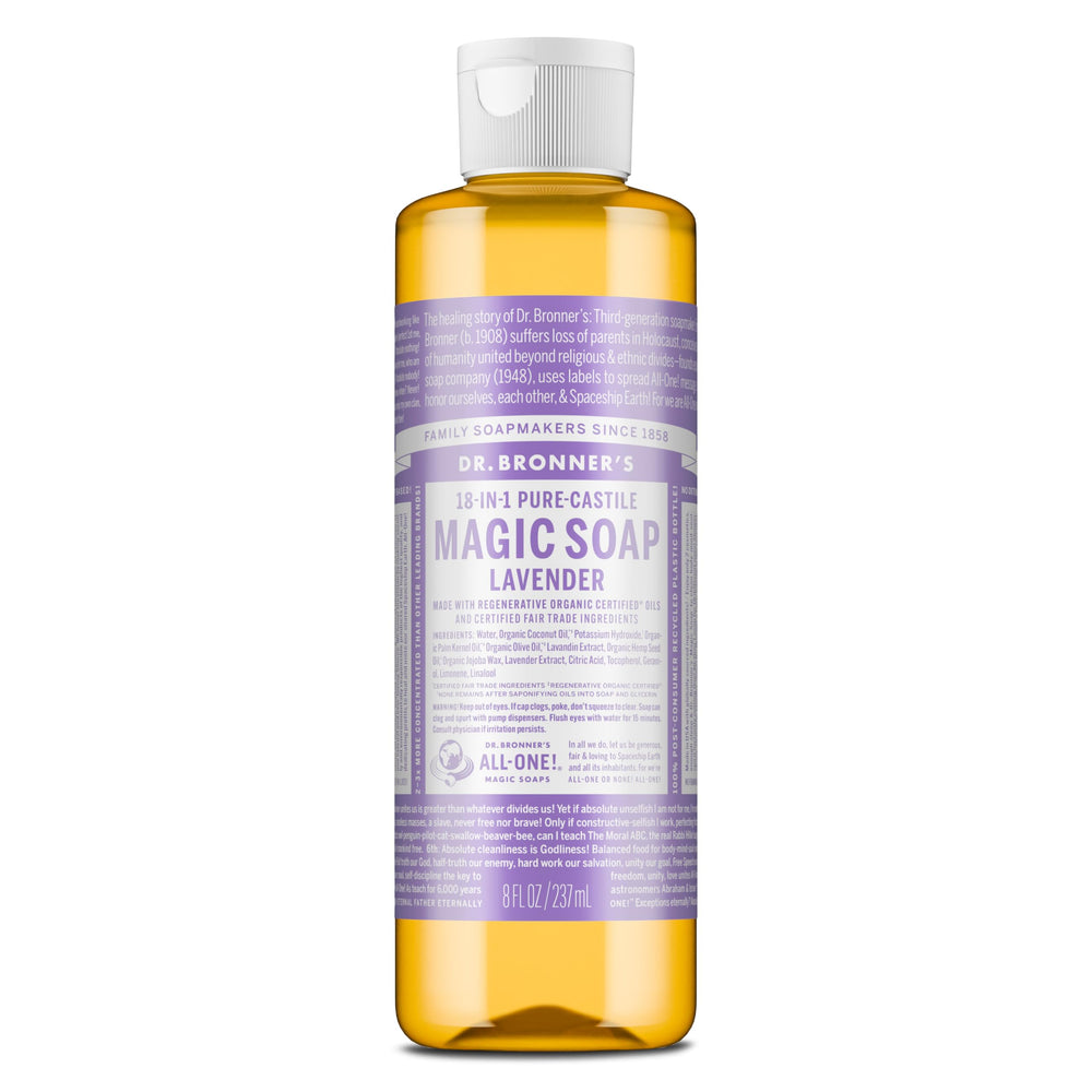 Dr. Bronner's Lavender liquid soap bottle displaying rich lather for skin care.