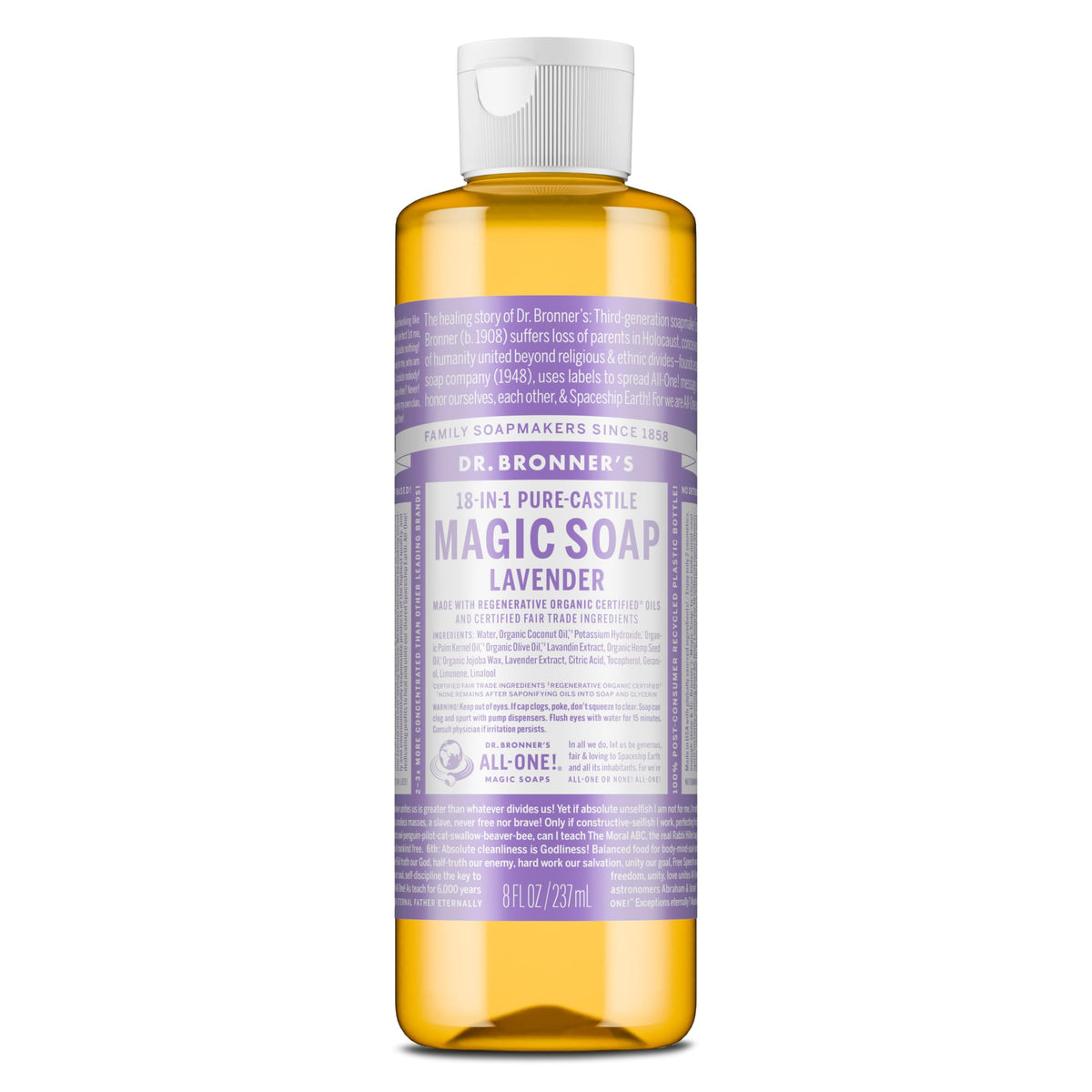 Dr. Bronner's Lavender liquid soap bottle displaying rich lather for skin care.