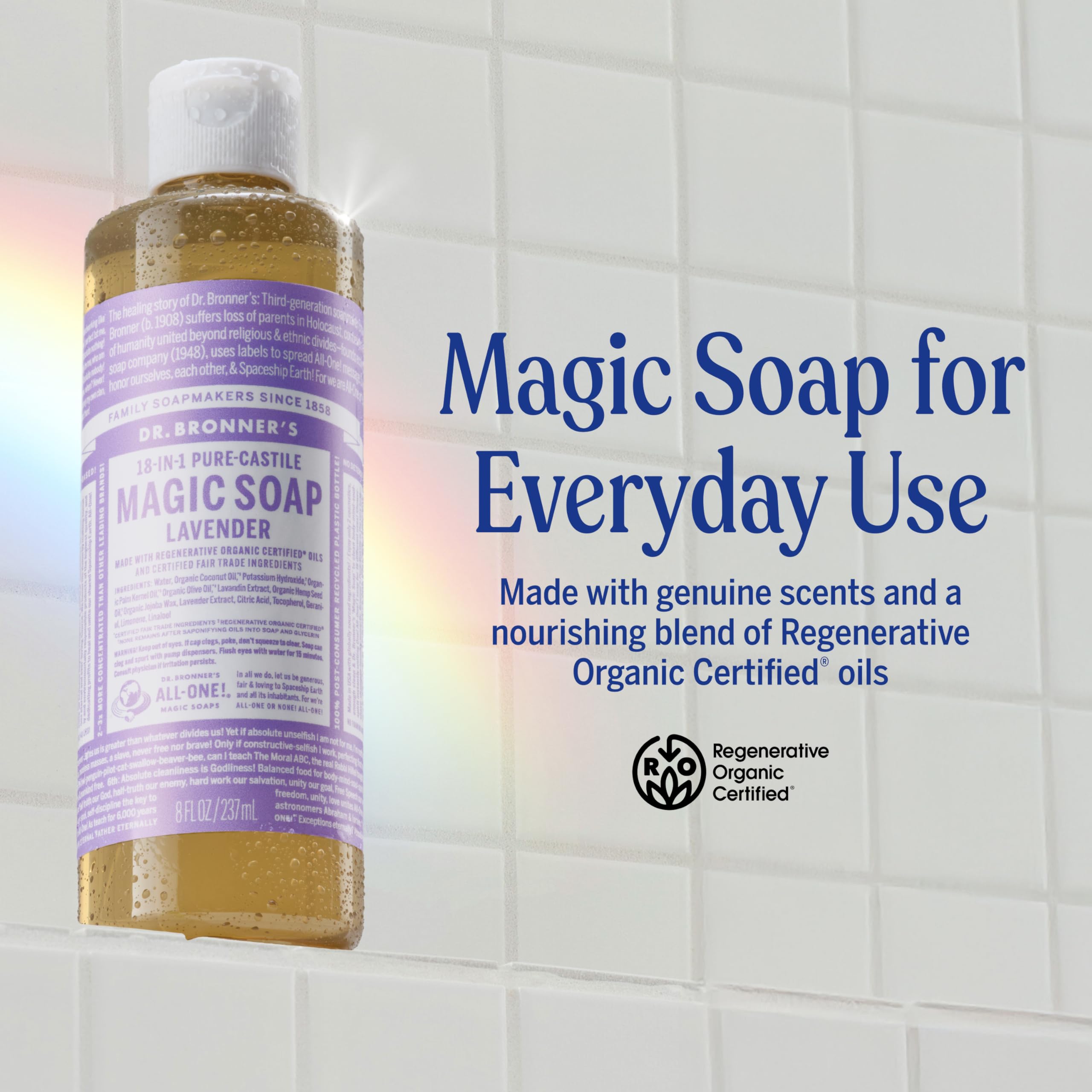 Dr. Bronner's Lavender liquid soap close-up highlighting thick lather.