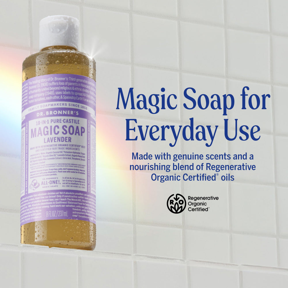 Dr. Bronner's Lavender liquid soap close-up highlighting thick lather.