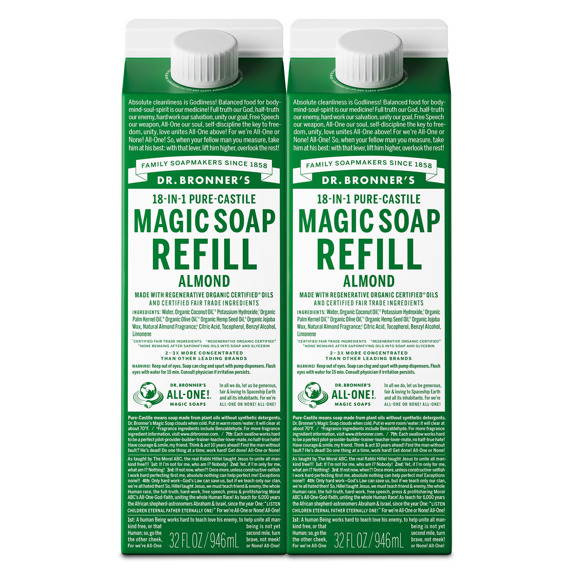 Dr. Bronner's almond refill carton with eco-friendly packaging for sustainable refills.