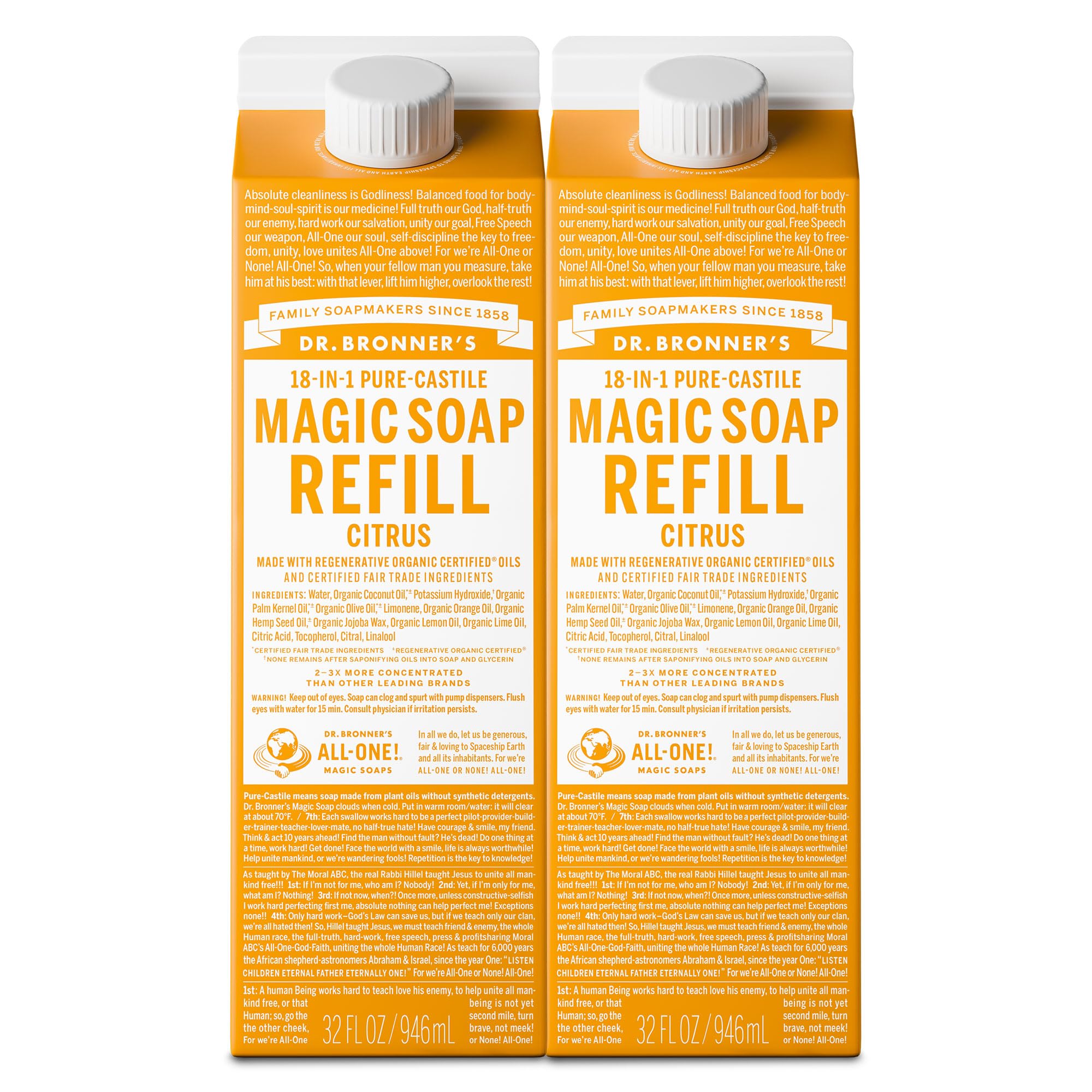 Dr. Bronner's Citrus refill bottle pouring for versatile cleaning