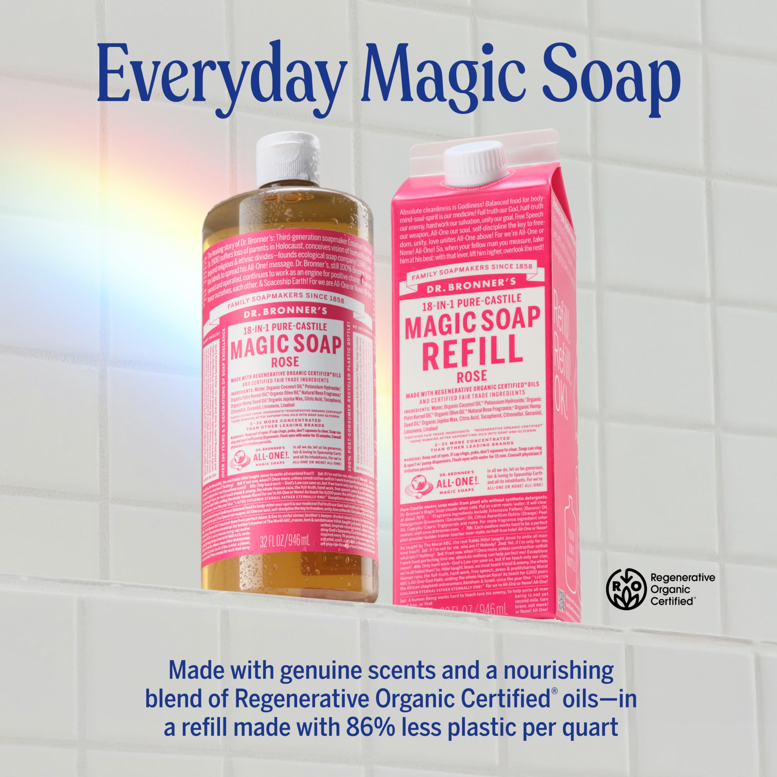 Organic oils and fair-trade label on Dr. Bronner's bottle.