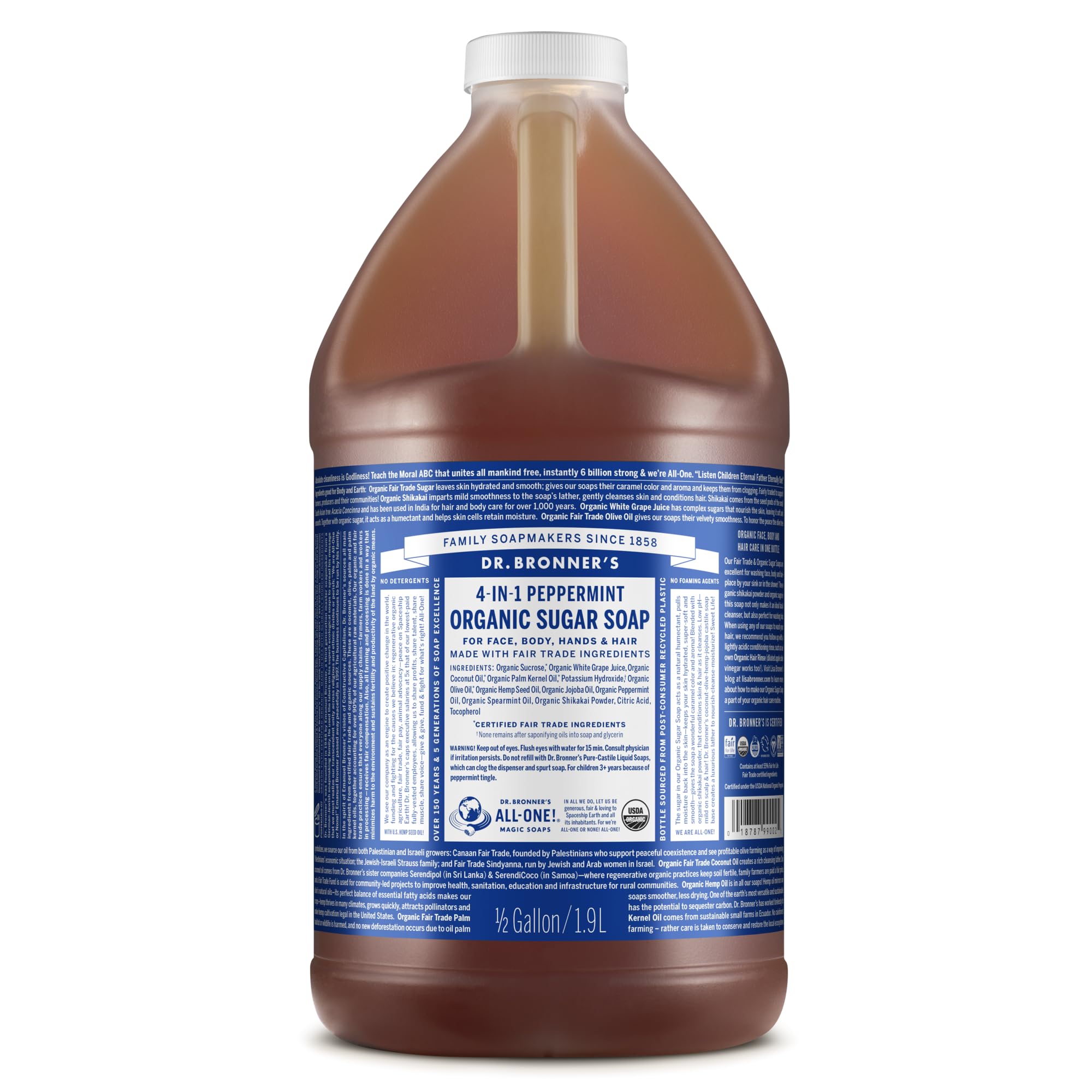Dr. Bronner's Organic Sugar Soap Peppermint 64oz bottle for gentle daily cleansing and hydration.