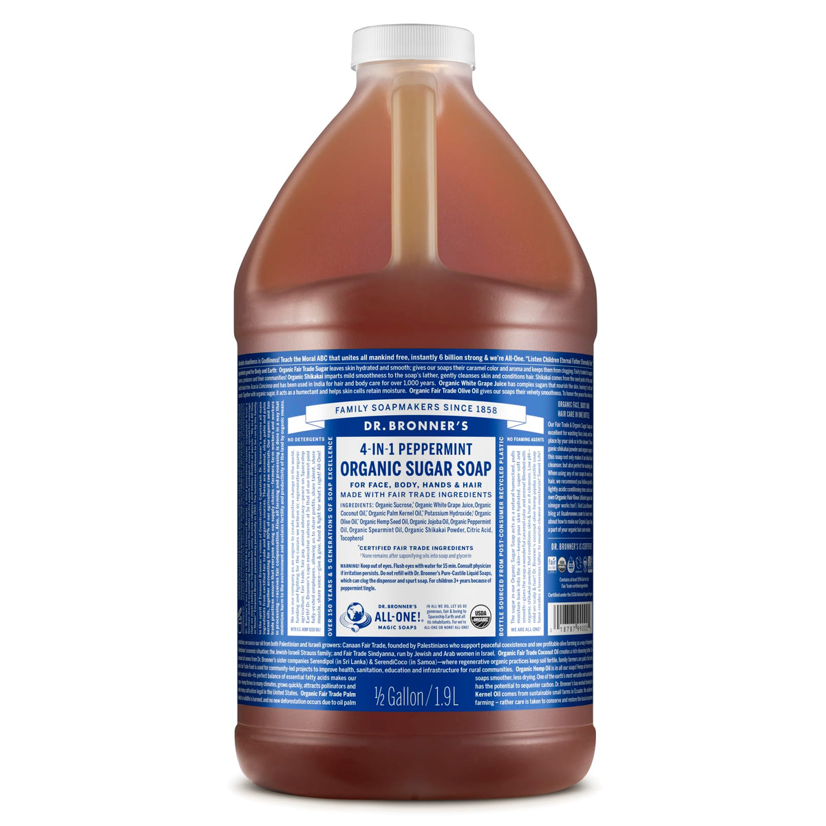 Dr. Bronner's Organic Sugar Soap Peppermint 64oz bottle for gentle daily cleansing and hydration.