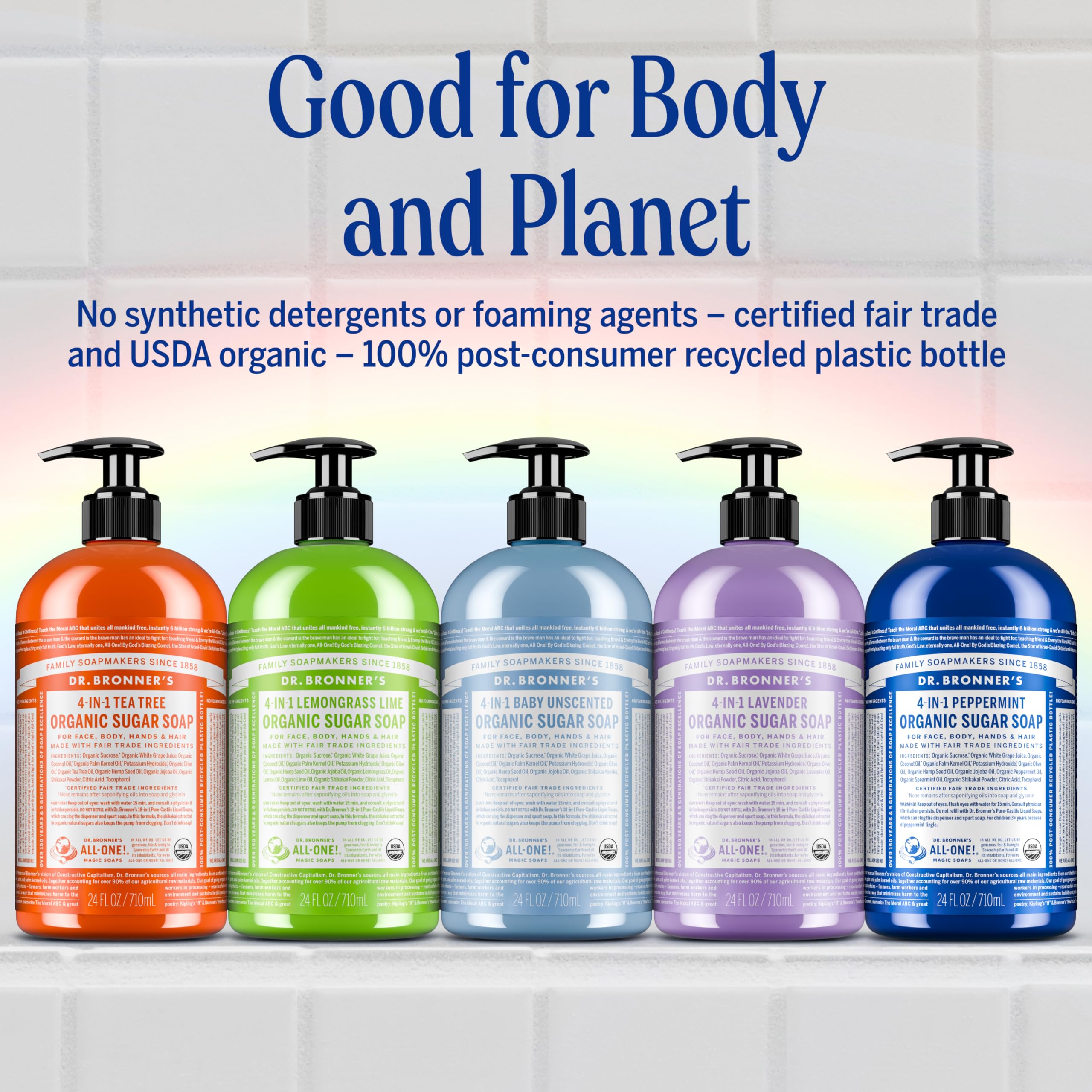 Daily-use setup with Dr. Bronner's Peppermint Soap highlighting versatile cleansing.