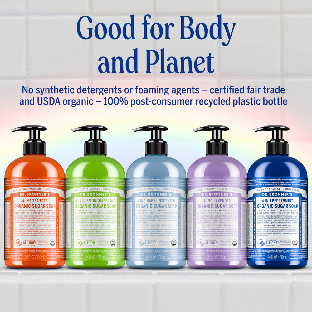 Daily-use setup with Dr. Bronner's Peppermint Soap highlighting versatile cleansing.
