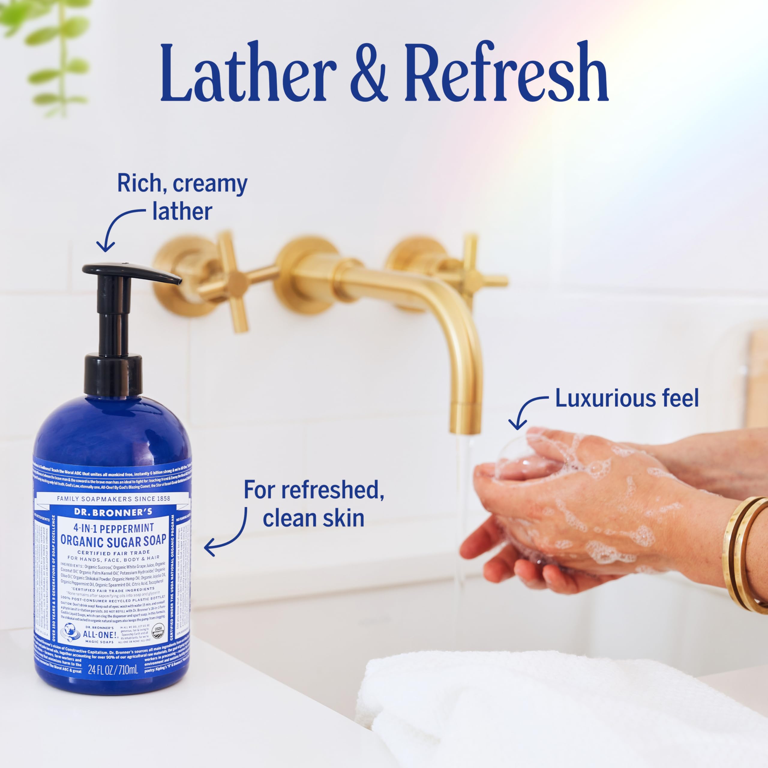 Creamy peppermint foam in Dr. Bronner's soap demonstrates cleansing and moisturizing lather.