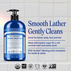 Dr. Bronner's Peppermint sugar soap creates a rich lather for body, face, and hair.