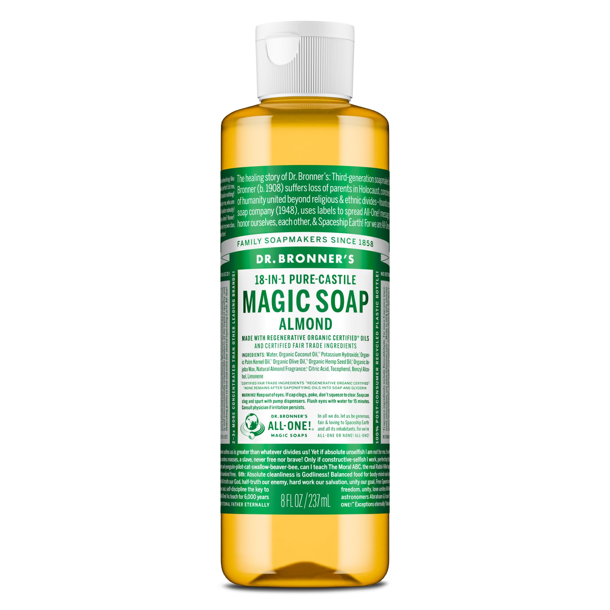 Dr. Bronner's Pure-Castile Almond bottle demonstrates versatile cleaning for skin and home.