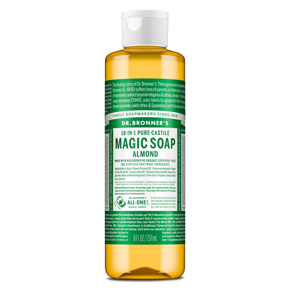 Dr. Bronner's Pure-Castile Almond bottle demonstrates versatile cleaning for skin and home.