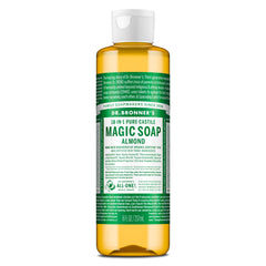 Dr. Bronner's Pure-Castile Almond bottle demonstrates versatile cleaning for skin and home.