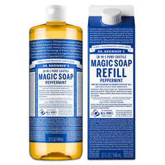 Dr. Bronner's Pure-Castile Peppermint Soap bottle for refreshing facial and body cleansing