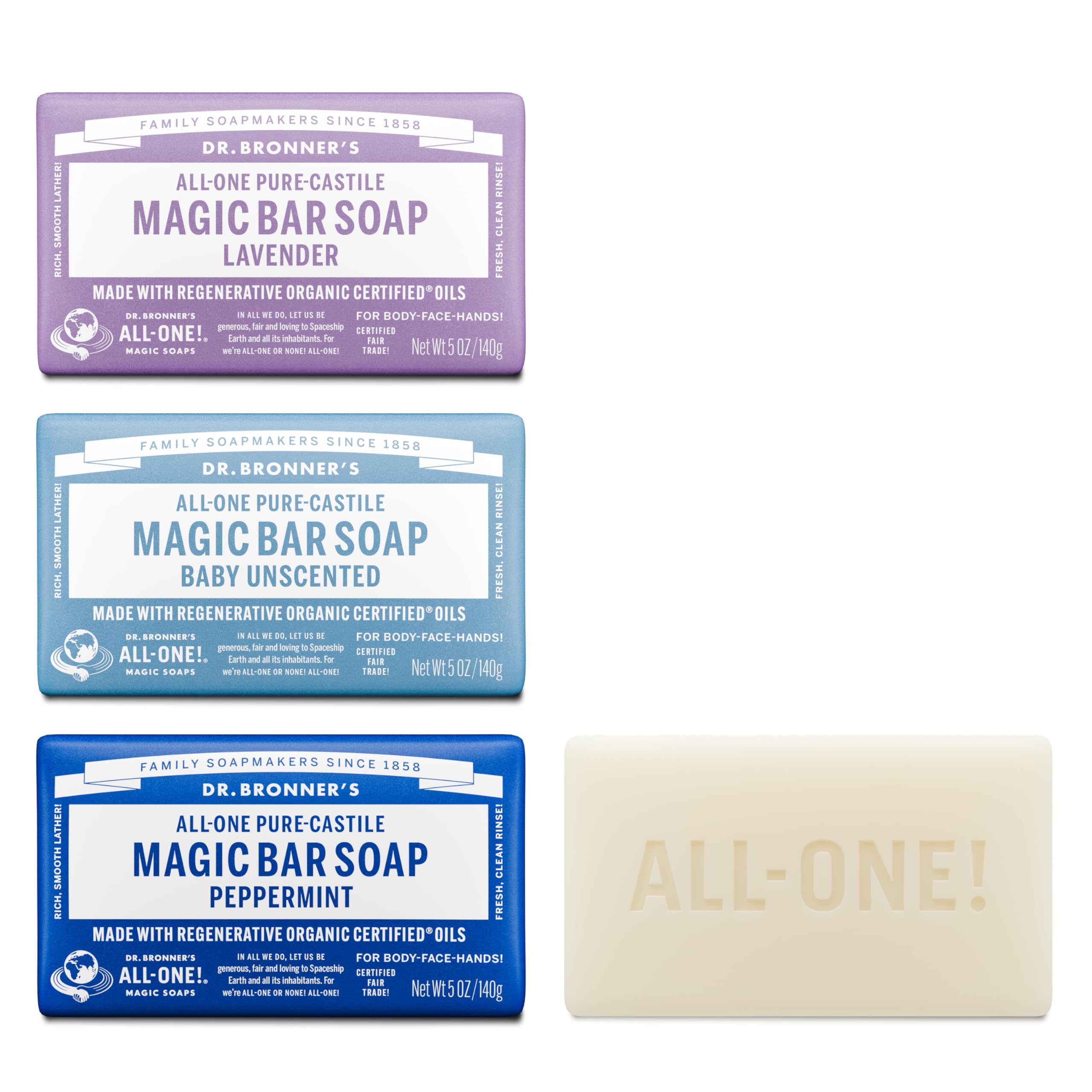 Dr. Bronner's Pure-Castile Magic Bar 3-pack front view for refreshing all-over cleanse.