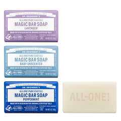Dr. Bronner's Pure-Castile Magic Bar 3-pack front view for refreshing all-over cleanse.